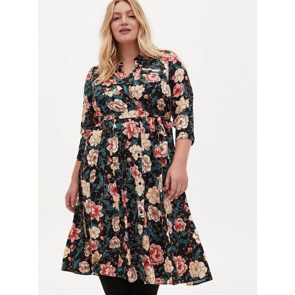 Torrid Floral Button Midi Challis Shirt Dress Black Plus Size 3 3X H14301 - Picture 3 of 16
